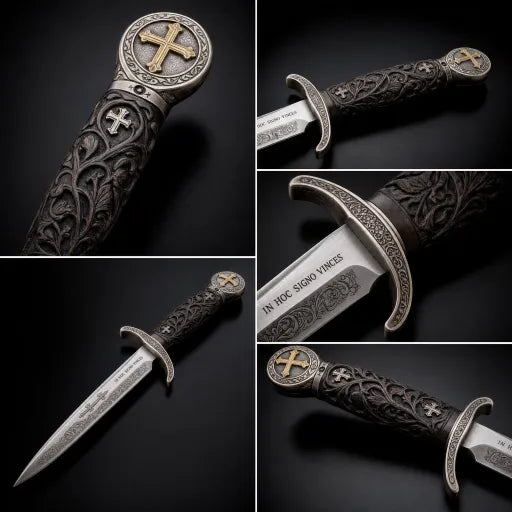 ⚔️ Cuțit medieval tip pumnal de cruciat cu lamă din oțel inoxidabil gravată și mâner cu emblemă în formă de cruce – Piesă de colecție de cavaler gotic