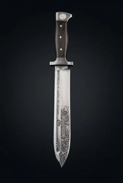 🔥 Cuțit cu lamă fixă de cavaler medieval – Lamă din oțel inoxidabil gravată în cruce și mâner ergonomic din lemn