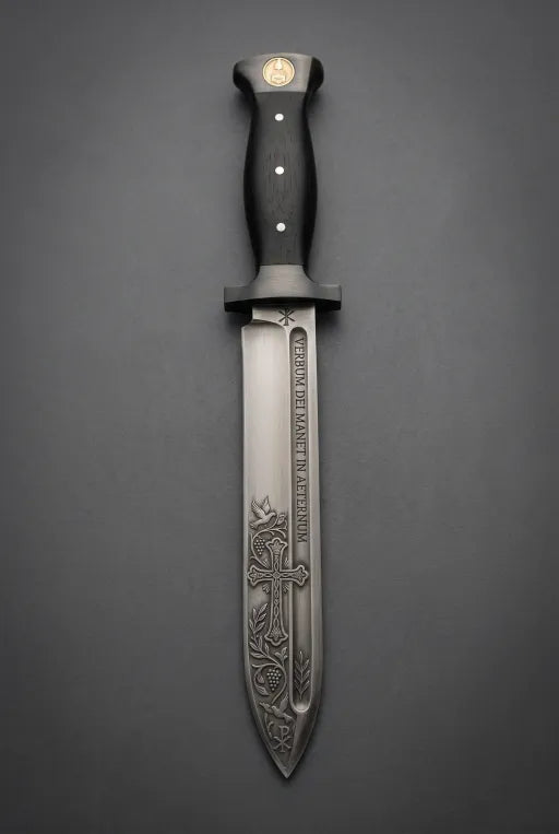 🔥 Cuțit cu lamă fixă de cavaler medieval – Lamă din oțel inoxidabil gravată în cruce și mâner ergonomic din lemn